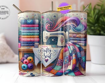 Crafty Soul 20oz Tumbler Wrap PNG, Sublimation Design, Sewing Quilting Digital Download ONLY, Seamless