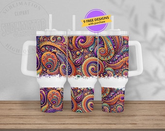 Groovy Paisley 40oz Tumbler Design for Sublimation PNG ONLY, Instant, Funky Colors "Distressed-Look" Split Wrap + Full Wrap-See Description