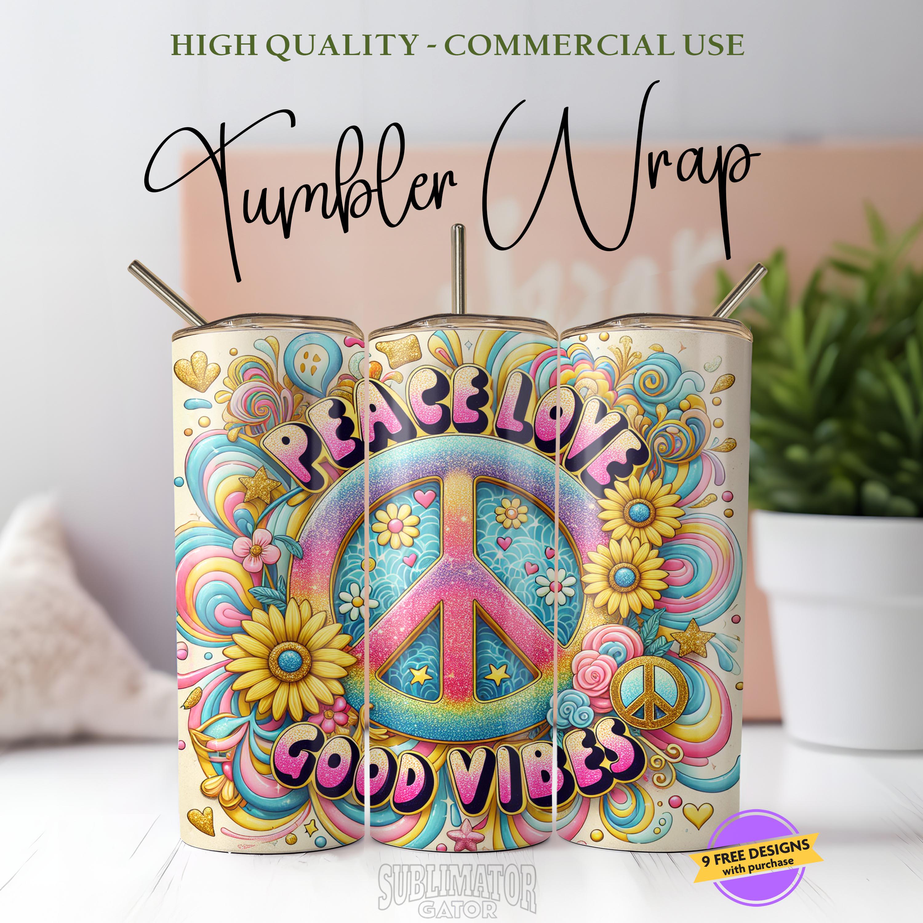 グルーヴィーな平和、愛、グッドバイブスのタンブラーラップPNG、20オンス スキニータンブラー昇華、レトロな60年代70年代タンブラーPNG、カラフル、ヒッピーフラワーチャイルド  - Etsy 日本, image size:3000x3000