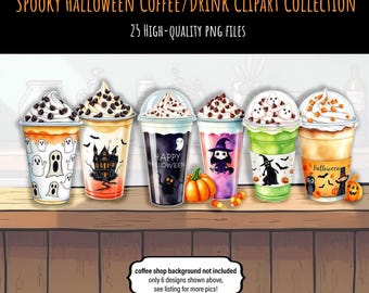 Paquete de imágenes prediseñadas de café de Halloween, bebida de acuarela espeluznante, paquete PNG, diseños de calabaza, descarga instantánea - SOLO archivos DIGITALES