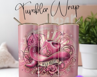 Tumbler glitterato con cuore selvaggio rosa da cowgirl, design in sublimazione PNG, cappello western rosa, tumbler sottile da 20 once scintillante, download digitale