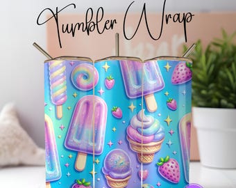 Kawaii Popsicle Tumbler Wrap PNG, 20oz Skinny Sublimation, Rainbow Treat Dessert Design, Cute Summer Wrap Seamless, Digital Download