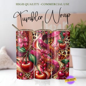 Coquette Cherries & Glam Swirl Wrap Tumbler met luipaardprint – Felroze strik en dierenprint sublimatie PNG – 20oz skinny beker digitaal ontwerp
