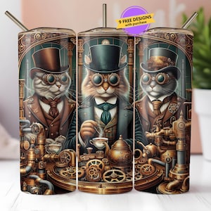 Quirky Steampunk Cats 20oz Tumbler Wrap PNG, Tea Party, Gears, Victorian, Sublimation Design, Digital Download ONLY, Seamless