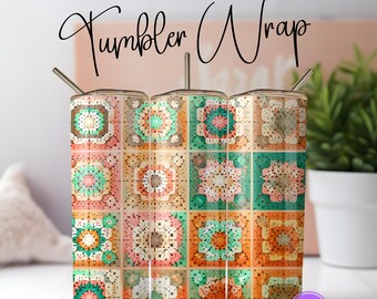Retro Granny Square Crochet 20oz Tumbler Wrap PNG, Vintage Quilt Sublimation Design, Grandmacore Skinny Seamless File