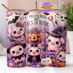 Little Piggy Trick or Treat Tumbler Wrap PNG, 20oz Skinny Tumbler Sublimation, Cute Kawaii Pigs Halloween PNG, Spooky Season, Digital File