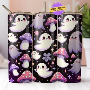 Niedliche Pilze und Geister Tumbler Wrap PNG - Pastell Kawaii Halloween Muster, Gruselige Saison 20oz Skinny Sublimation, Nahtlos