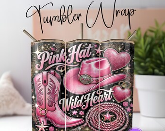 Tumbler con glitter e cuore selvaggio da cowgirl, cappello rosa, design a sublimazione PNG, western, scintillante, 20 oz, sottile, dritto, download digitale