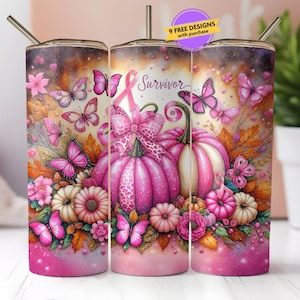 Pink Pumpkin Ribbon Awareness Breast Cancer Survivor Tumbler Wrap PNG 20 oz Skinny Tumbler Sublimation Design Digital Download - Seamless