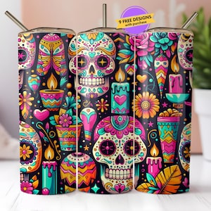 Envoltura para vaso del Día de los Muertos, diseño de sublimación, envoltura para vaso del Día de los Muertos, PNG digital de Halloween, vaso recto de 20 oz, calavera de azúcar
