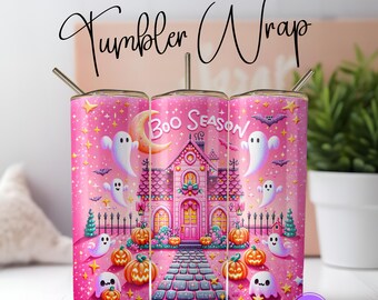 Boo Season Cute Pink Halloween Tumbler Wrap, 20 oz Tumbler Sublimation Design, Pumpkin Tumbler Wrap, Retro Ghost Halloween Seamless PNG