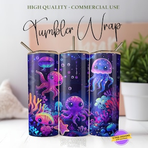 May include: Three stainless steel tumblers with colorful underwater-themed designs. Each tumbler features a different sea creature, including octopuses and jellyfish, against a dark blue background. The tumblers have silver straws and lids. Text on the image reads "Tumbler Wrap".