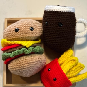 Crochet burger set, with burger, root beer and fries plushies, cute Amigurumi, gift for kids, stuffed food toys, crochet stuffed plush toys