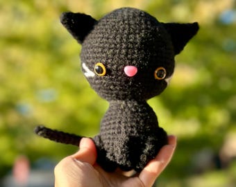 Handmade Crochet Black Cat Plush Toy – Gothic Amigurumi Kitty Decor