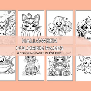 Op de afbeelding: Zes zwart-wit Halloween kleurplaten met een vleermuis, een kat in een pompoen, een pompoen met een gezicht, een heks, een vleermuis in een kom soep en een meisje in een jurk. De tekst "HALLOWEEN COLORING PAGES" en "6 COLORING PAGES IN PDF FILE" is inbegrepen.