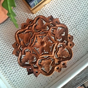 Vintage Carved Wood Trivet, Leaves and Floral Design, Made in India