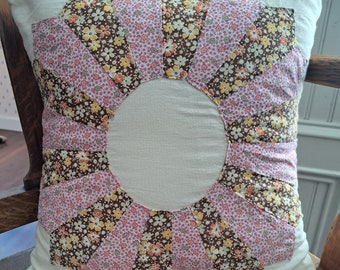 Upcycled Vintage Quilt Pillow, 16" x 16" Decorative Throw Pillow Handmade from Old Quilt, Pink and Brown Patchwork, Machine Washable