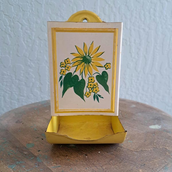 Vintage Metal Match Box Holder with Yellow Flowers