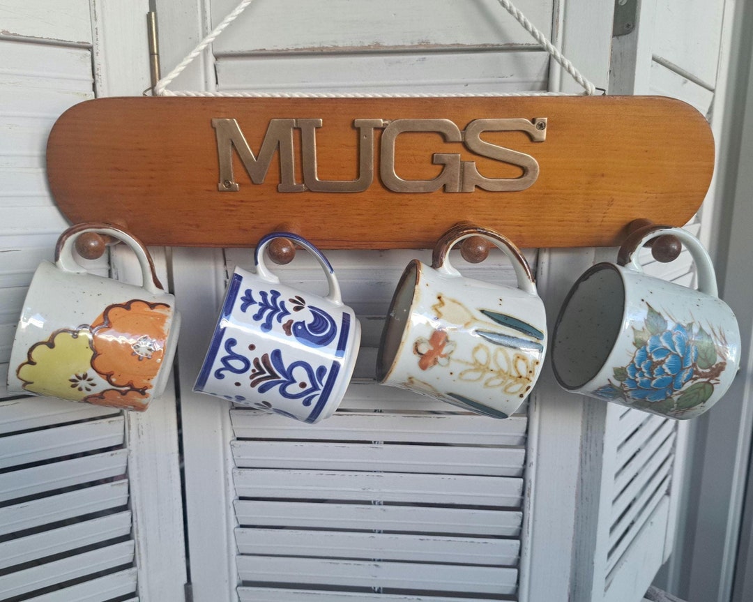 Vintage Wood and Brass Coffee Mug Rack - Wall Hanging Peg Rack With 4 ...