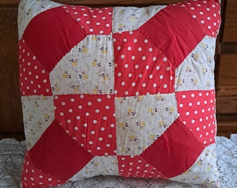 Upcycled Vintage Quilt Pillow, 14" x 14" Decorative Throw Pillow Handmade from Antique Quilt, Red and White Patchwork, Machine Washable