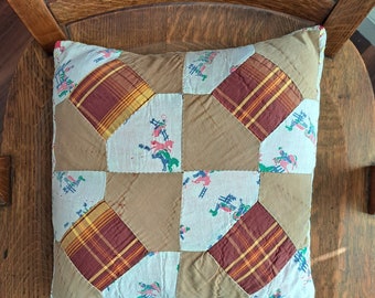 Repurposed Vintage Quilt Pillow, 14" x 14" Decorative Throw Pillow Handmade from Antique Quilt, Country, Primitive Decor, Machine Washable
