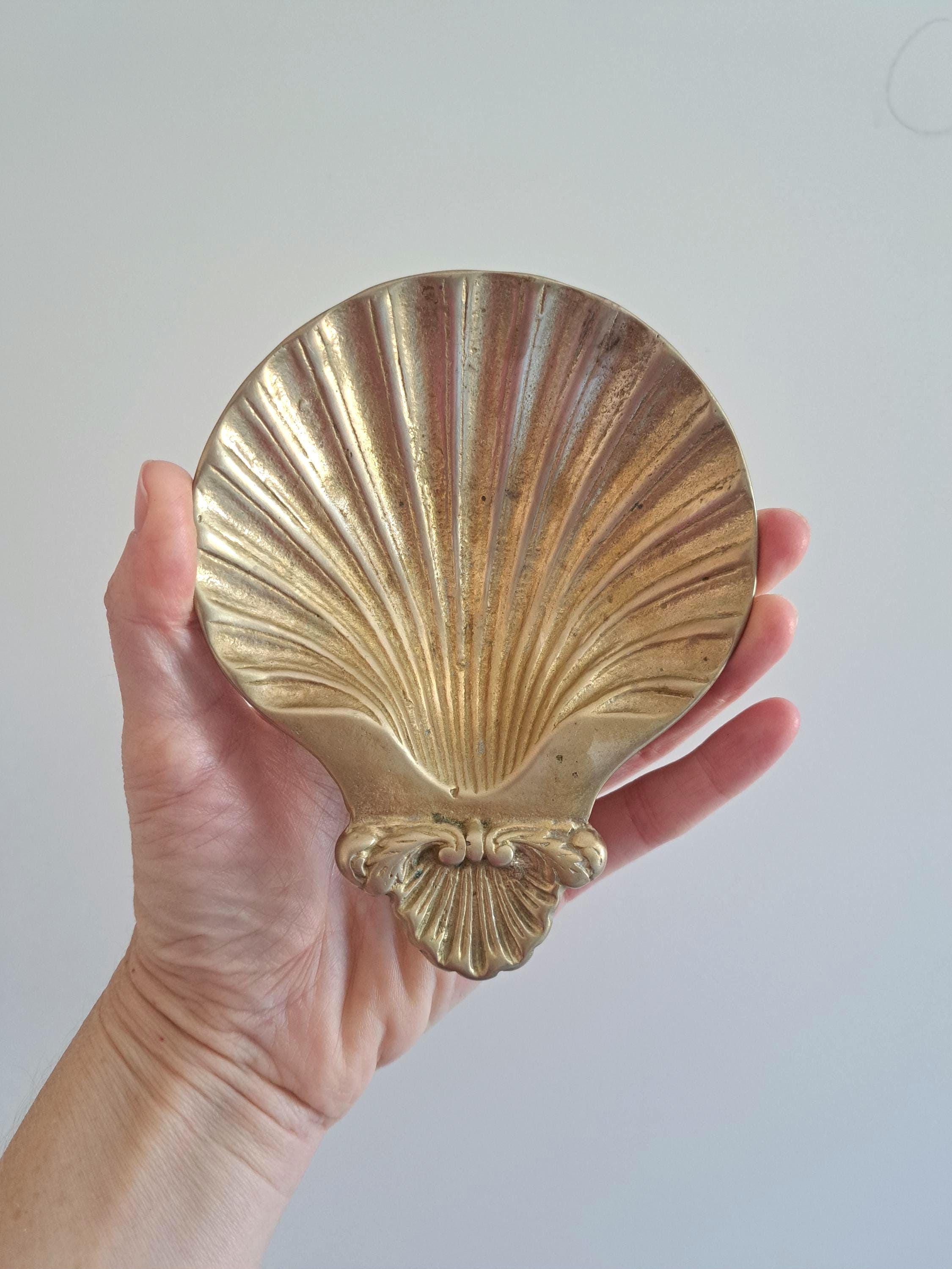 Vintage Brass Seashell Trinket Dish, Footed Clamshell Ring Holder