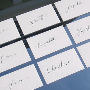 May include: A collection of rectangular white place cards featuring black handwritten calligraphy names including Frankie, Juliette, Lorelai, Fiona, Elizabeth, Shoshana, Lauren, Christina, and Emily, arranged in a grid pattern on a reflective surface.