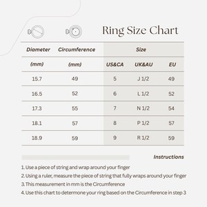 May include: A ring size chart featuring a table with columns for diameter in mm, circumference in mm, and ring sizes for US and CA, UK and AU, and EU. The chart includes two line icons of a ring and four numbered instructions for measuring.