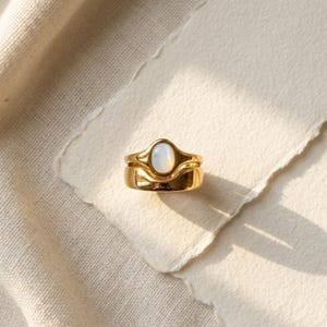 Gold Double Band Ring with White Stone, Illusion Stack Ring, Minimalist Statement Ring, Vintage Inspired Gold Ring, Sculptural Ring