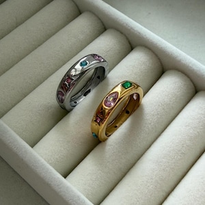 Bague en or et pierres précieuses, bague en cristal coloré, bague épaisse en or, bague en acier inoxydable plaqué or 18 carats, bague tendance à offrir à sa femme