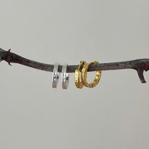 Puede incluir: Un conjunto de pendientes de aro en tonos plateados y dorados. Los pendientes plateados tienen una textura martillada, mientras que los dorados presentan un patrón texturizado. Los pendientes se exhiben en una rama delgada y marrón sobre un fondo neutro.