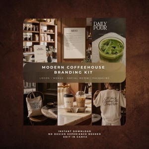 May include: A modern coffeehouse branding kit featuring logos, menus, social media, and packaging designs. The display includes a menu board, a green matcha drink, a tote bag, coffee cups, and a t-shirt with the text If You're Reading This Bring Coffee.