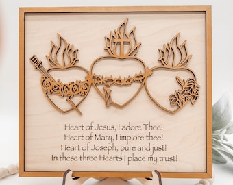 Three Hearts wall decor or stand, Sacred Heart of Jesus with CROSS, Immaculate Heart of Mary, Chaste Heart of St. Joseph, 3 Hearts, Catholic