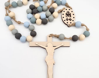 Blues, grey, cream, wall rosary, hand painted, rustic rosary, miraculous medal, rosary for wall, handmade rosary, natural garland rosary