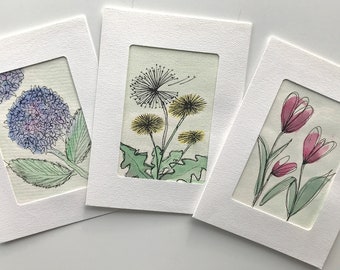 Handmade Greeting Cards / spring flowers cards / set of three cards