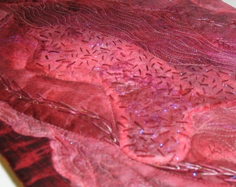 Cranberry Red and Pink Silk Fusion Art Quilt / Wall Hanging / Free shipping in Canada