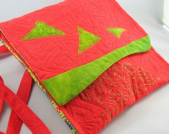 Silk Purse / Quilted Melon and Lime Silk Noile / Crossbody Purse