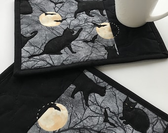 Black Cat Mug Rugs (two) / Halloween Mug Rugs