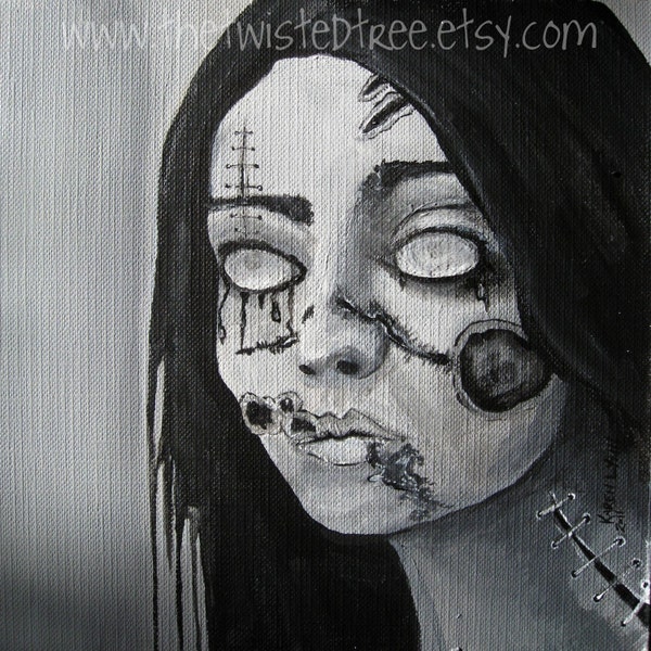 Zombie Painting, Zombie Girl Portrait original black and white painting... great Halloween decoration or gift