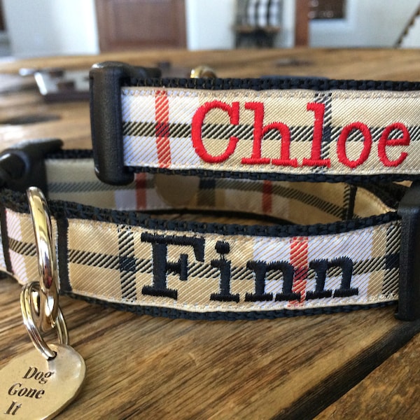 5/8" Width, Personalized dog collar, Burberry dog collar, Embroidered Dog Collar, Engraved dog collar, Dog Gone It collar