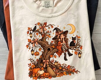 Halloween Witch PNG, Autumn Witch PNG, Witch Tree Clipart, Cute Witch Halloween Design, Fall Halloween PNG, Spooky Witch Digital Download