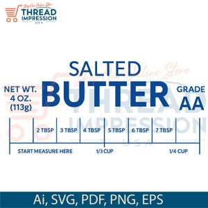May include: A digital graphic of a stick of salted butter, labeled "BUTTER" in large blue letters. The image includes measurements in tablespoons and cups, with a net weight of 4 oz (113g). The bottom of the image displays file type options.