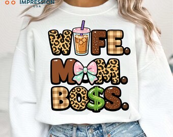 Wife Mom Boss SVG PNG, Leopard Print Coffee Lover Design, Trendy Mom Life Cut File, Cricut Silhouette Digital Download