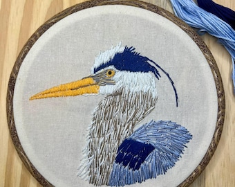 Airone azzurro ricamato a mano / Arte del ricamo di uccelli