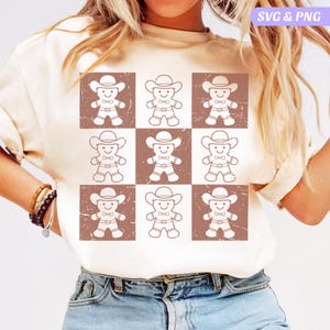 Gingerbread Man Svg Png Christmas Cowboy Png Holiday Shirt Design Trendy Distressed Christmas Png Retro Checkered Gingerbread Man Xmas Svg
