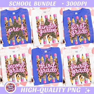 May include: A collection of six t-shirts featuring school-themed graphics with pencils and stars in leopard and plaid patterns. Each shirt displays text including pre-k, kindergarten, first grade, second grade, third grade, and fourth grade.