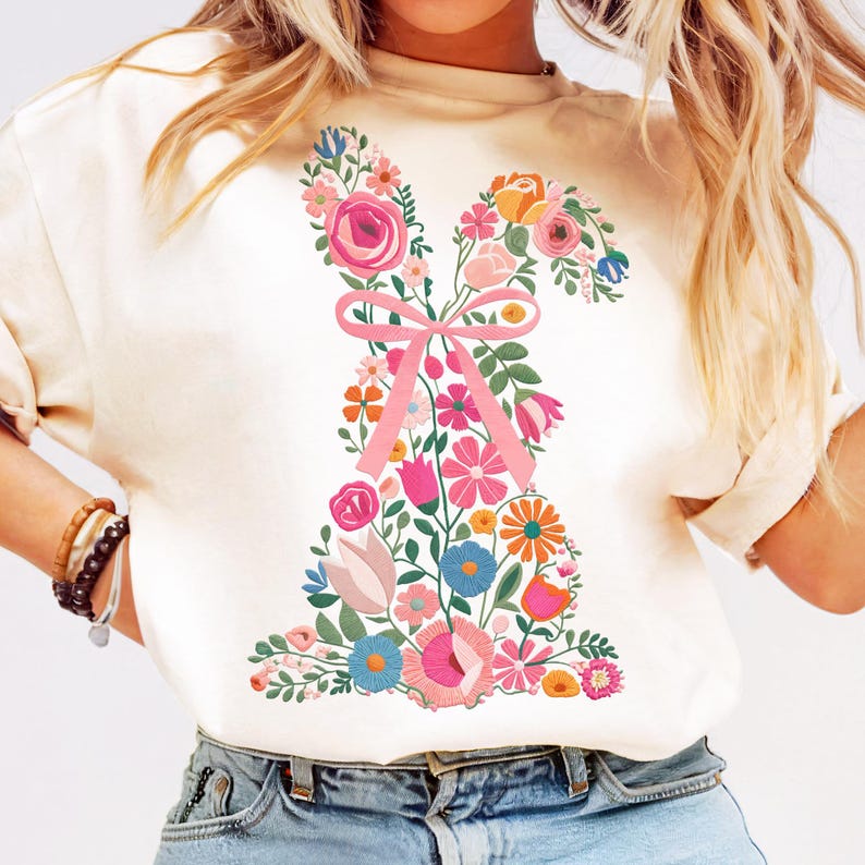 Coquette Easter Bunny Floral Png, Embroidery Bunny, Floral Easter Bunny Png, Easter Shirt Png, Retro Easter Png, Spring Floral, Bunny Design, Faux Embroidery, Happy Easter Png, Spring Shirt Design.