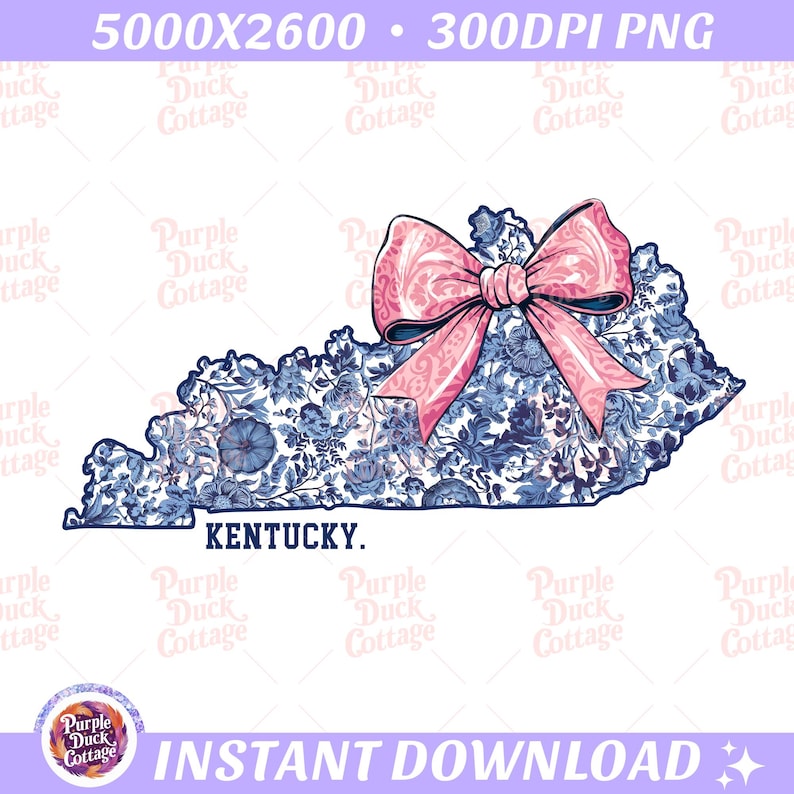 Kentucky state outline with blue and white Chinoiserie floral pattern and pink coquette bow PNG design.