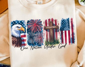 One Nation Under God PNG Christian Patriotic Sublimation Design American Flag Cross 4th of July Faith Shirt Digital Download