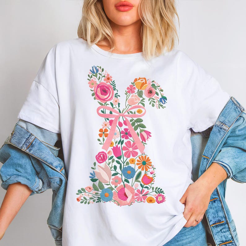 Coquette Easter Bunny Floral Png, Embroidery Bunny, Floral Easter Bunny Png, Easter Shirt Png, Retro Easter Png, Spring Floral, Bunny Design, Faux Embroidery, Happy Easter Png, Spring Shirt Design.